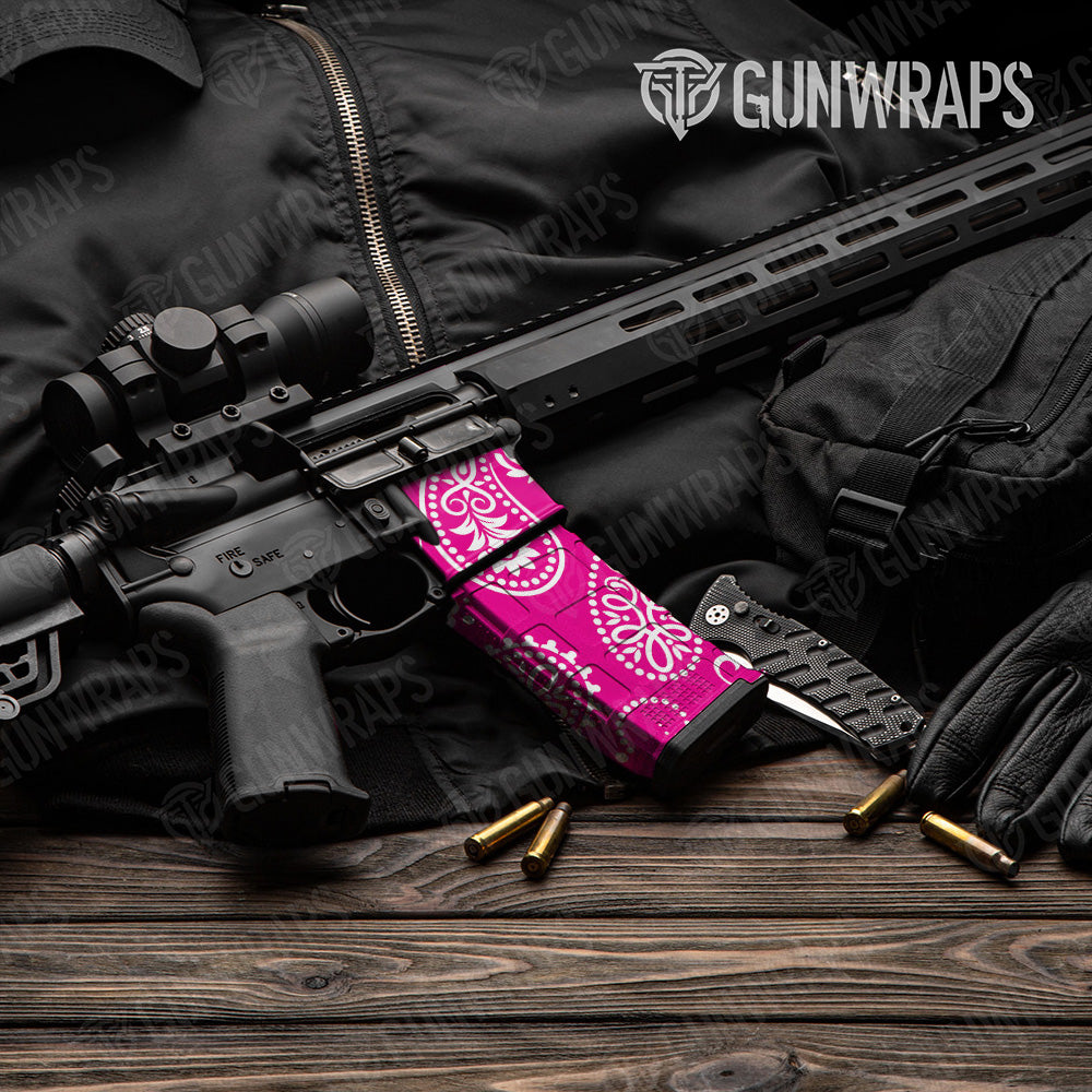 AR-15 Mag & Mag Well Bandana Magenta And White Gun Skin Vinyl Wrap
