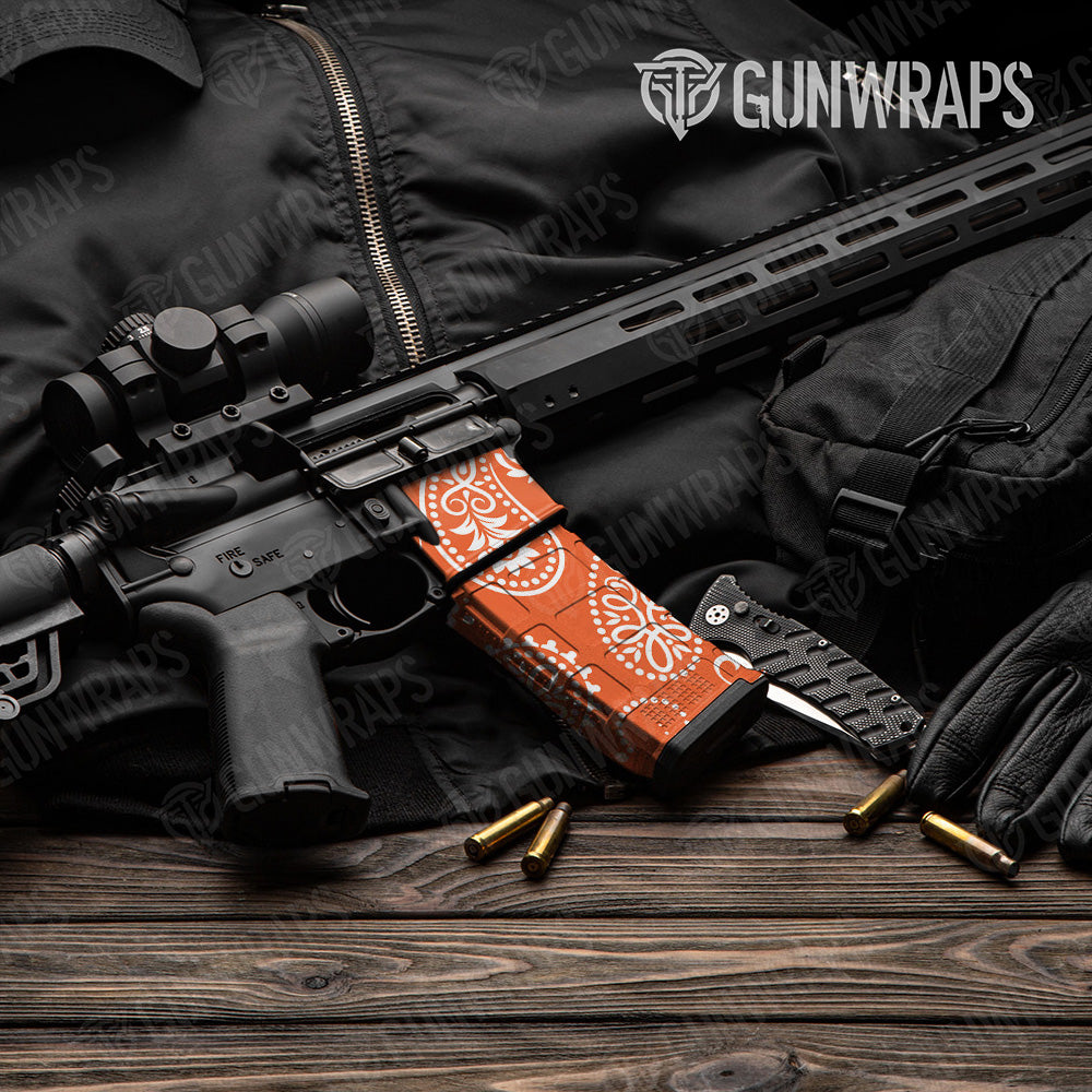 AR-15 Mag & Mag Well Bandana Orange And White Gun Skin Vinyl Wrap