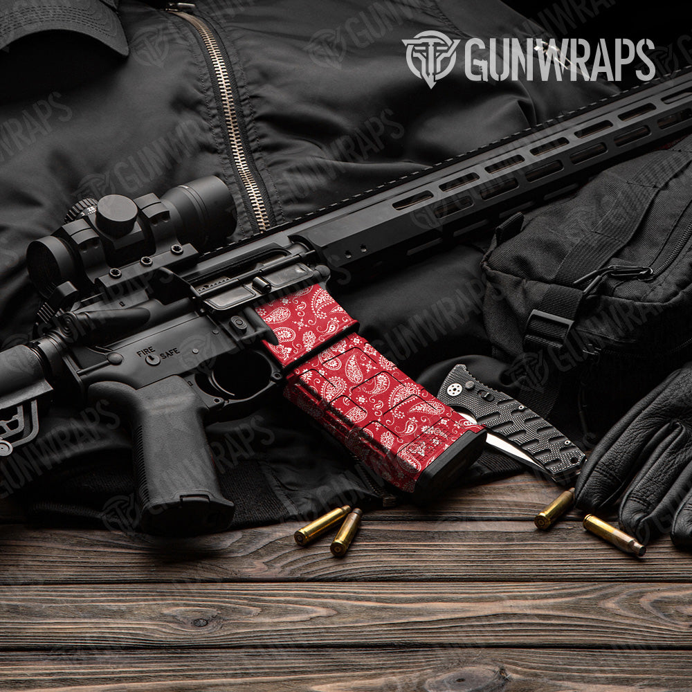 Bandana Red White AR 15 Mag & Mag Well Gun Skin Vinyl Wrap